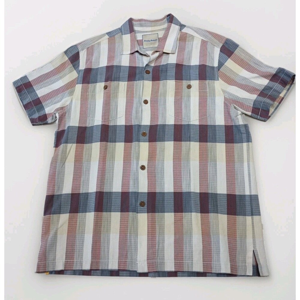 Tommy Bahama Shirt Large Collard Plaid Silk Blend Two Pockets w/Buttons Sailfish - Picture 1 of 14